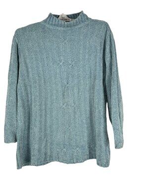 Erika Womens Cable Knit Mock Neck Sweater Size 1X Long Sleeve Soft Blue Pullover